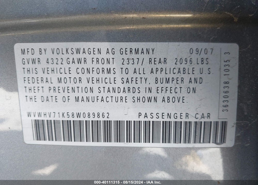 2008 VOLKSWAGEN GTI 4-DOOR VIN: WVWHV71K58W089862