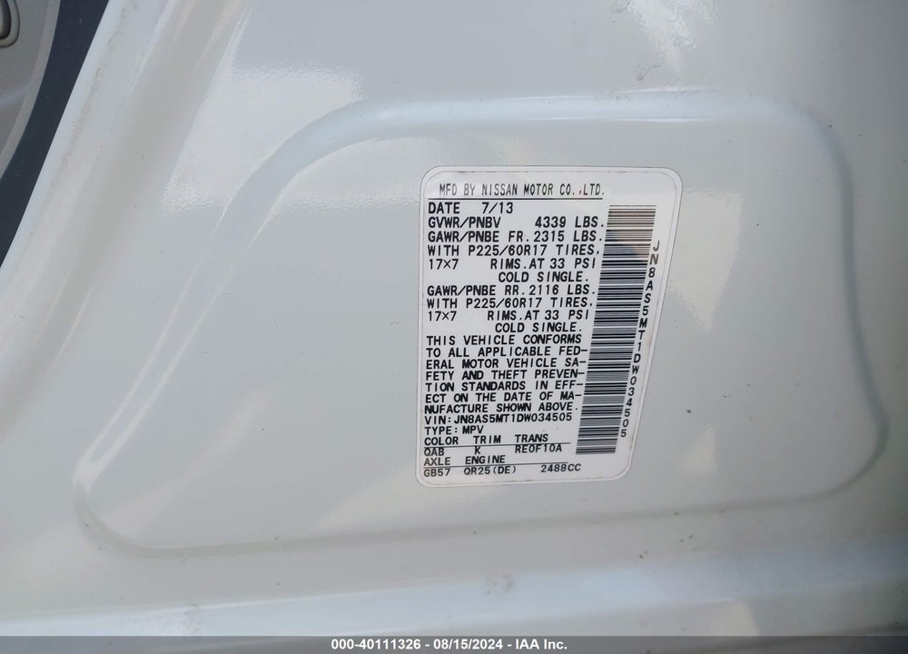 2013 NISSAN ROGUE SV VIN: JN8AS5MT1DW034505