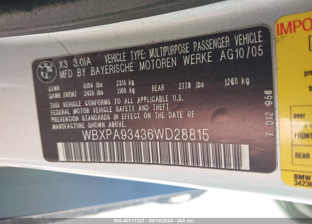 2006 BMW X3 3.0I VIN: WBXPA93436WD28815