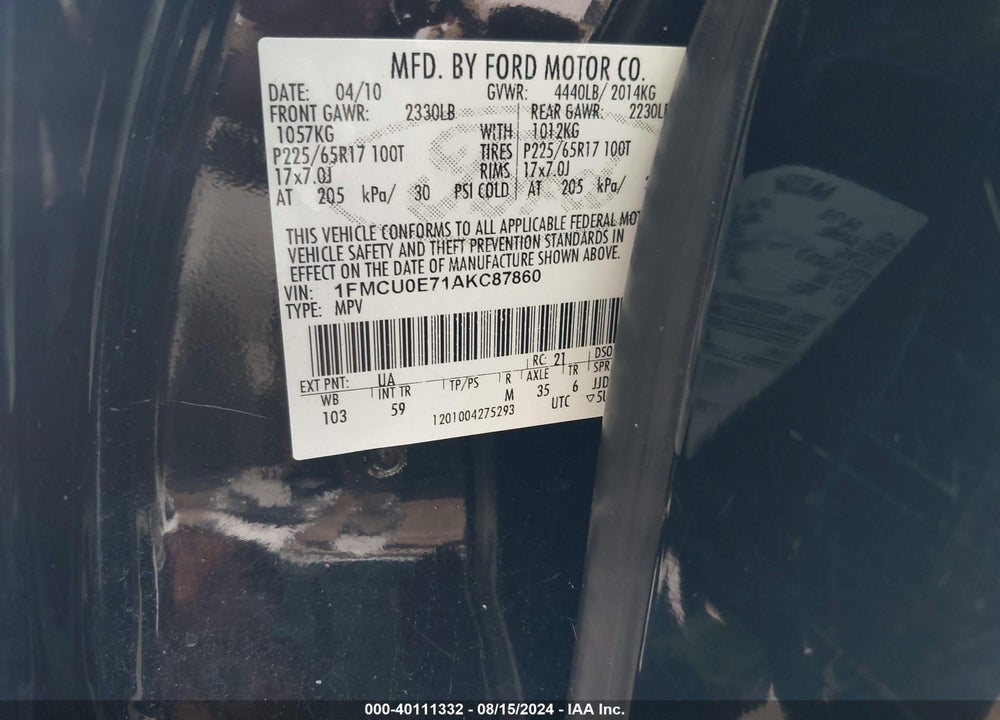 2010 FORD ESCAPE LIMITED VIN: 1FMCU0E71AKC87860