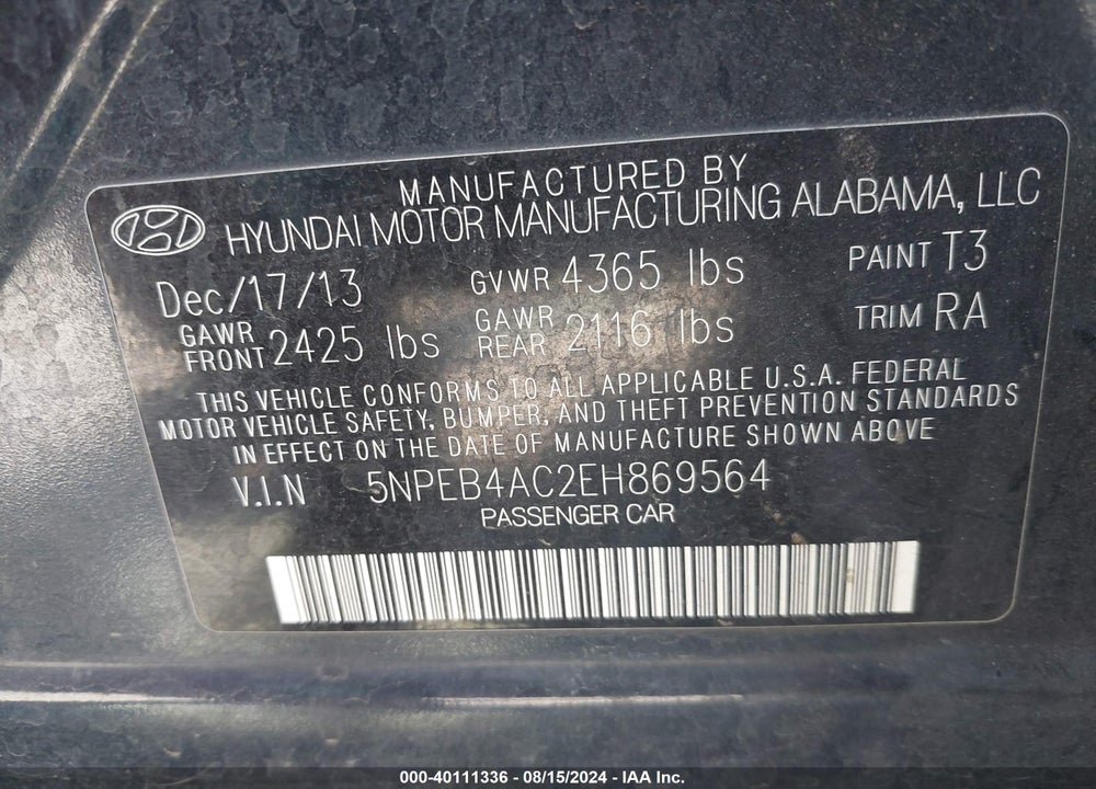 2014 HYUNDAI SONATA VIN: 5NPEB4AC2EH869564