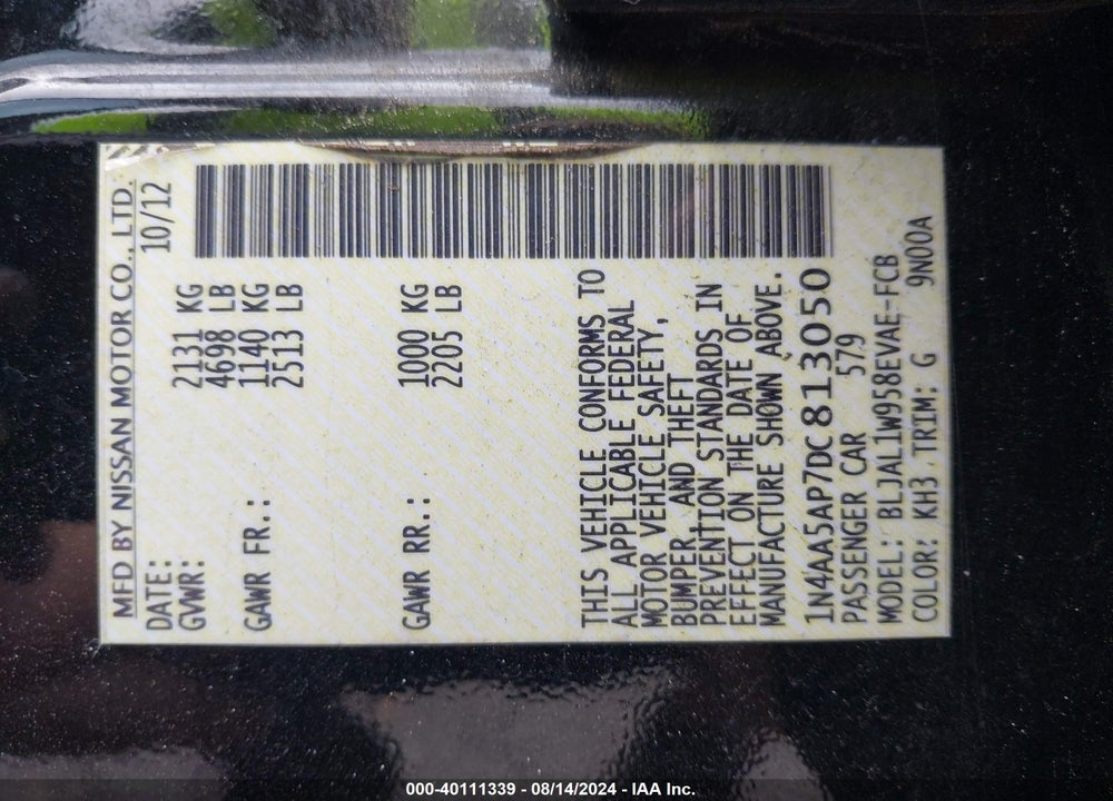 2013 NISSAN MAXIMA 3.5 SV VIN: 1N4AA5AP7DC813050