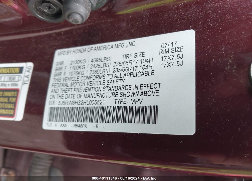 2017 HONDA CR-V LX VIN: 5J6RW6H32HL005521