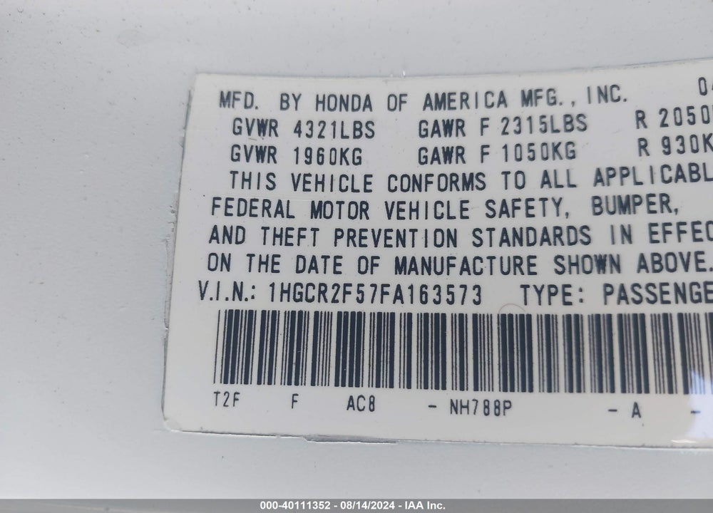 2015 HONDA ACCORD SPORT VIN: 1HGCR2F57FA163573