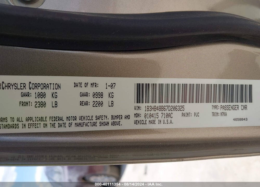 2007 DODGE CALIBER SXT VIN: 1B3HB48B67D206325