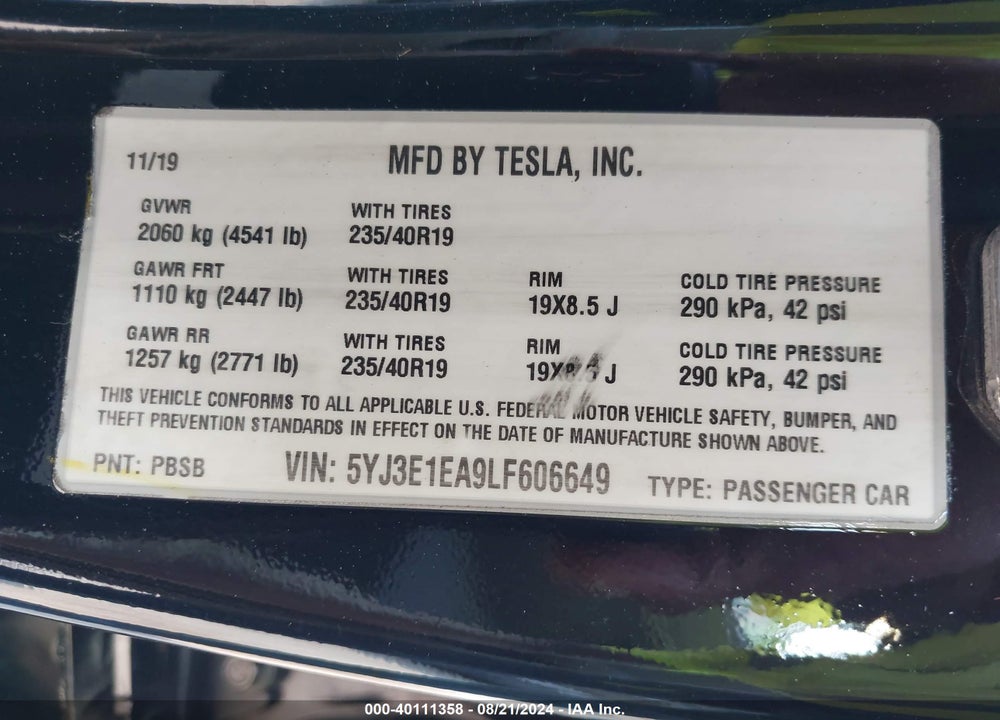 2020 TESLA MODEL 3 STANDARD RANGE PLUS REAR-WHEEL DRIVE/STANDARD RANGE REAR-WHEEL DRIVE VIN: 5YJ3E1EA9LF606649