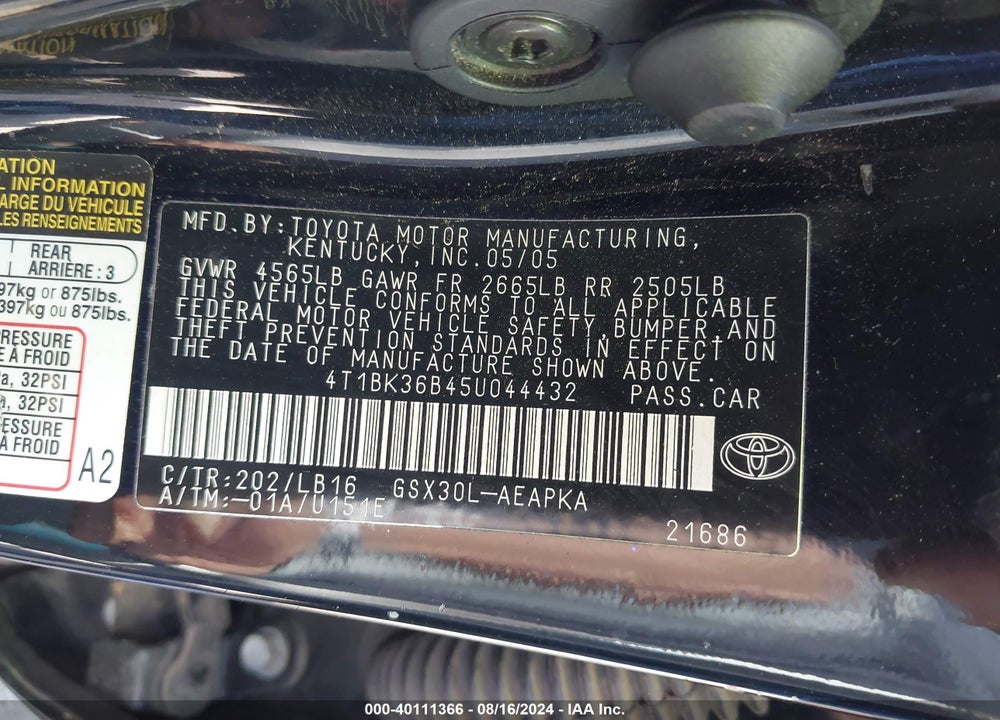 2005 TOYOTA AVALON LIMITED VIN: 4T1BK36B45U044432
