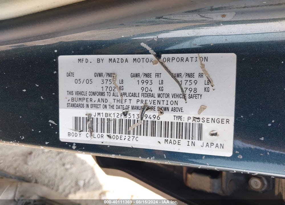 2005 MAZDA 3 I VIN: JM1BK12F551329496