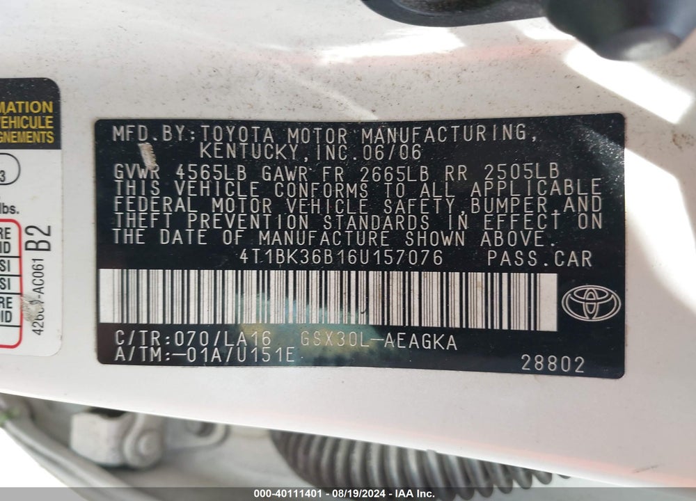 2006 TOYOTA AVALON XLS VIN: 4T1BK36B16U157076