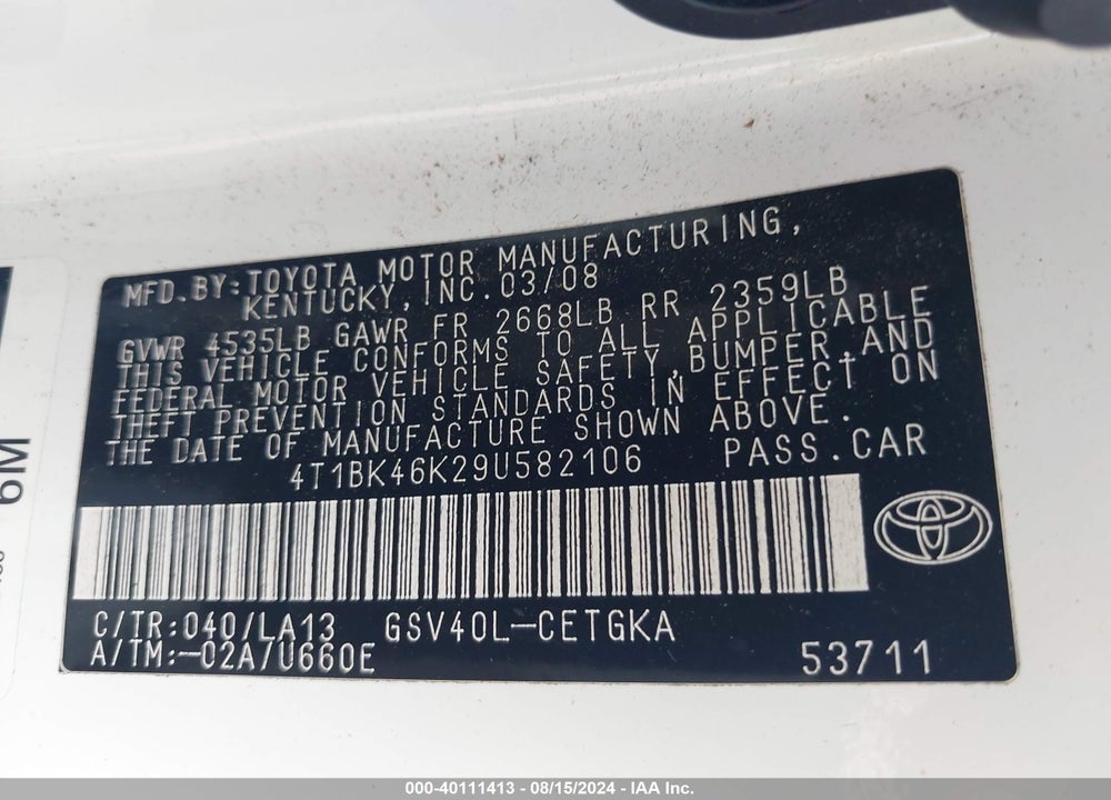 2009 TOYOTA CAMRY XLE V6 VIN: 4T1BK46K29U582106