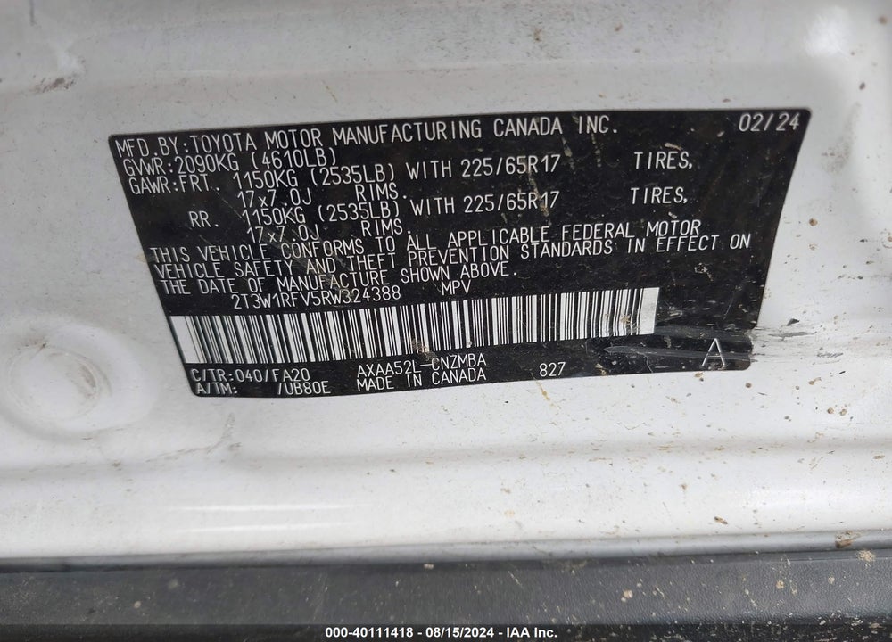 2024 TOYOTA RAV4 VIN: 2T3W1RFV5RW324388