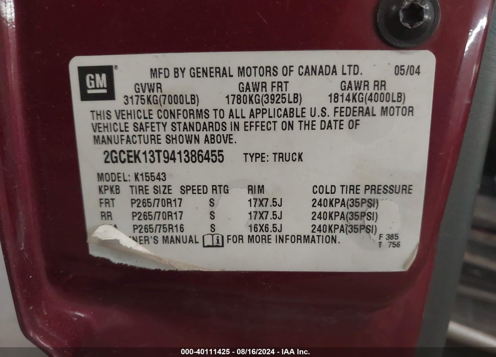 2004 CHEVROLET SILVERADO 1500 Z71 VIN: 2GCEK13T941386455