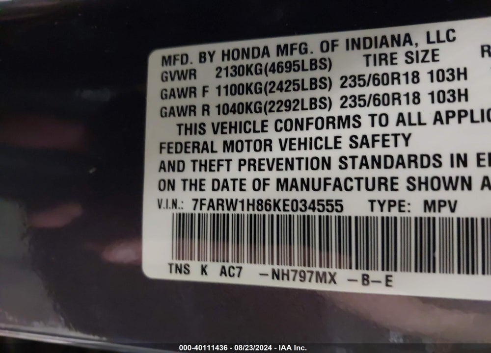 2019 HONDA CR-V EX-L VIN: 7FARW1H86KE034555