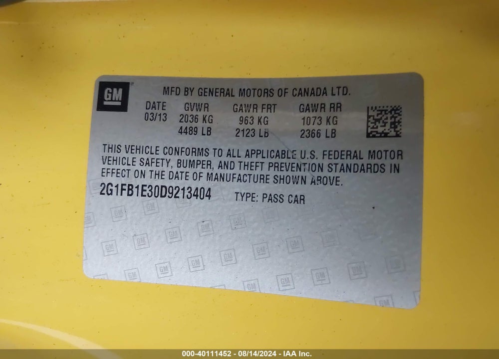2013 CHEVROLET CAMARO 1LT VIN: 2G1FB1E30D9213404