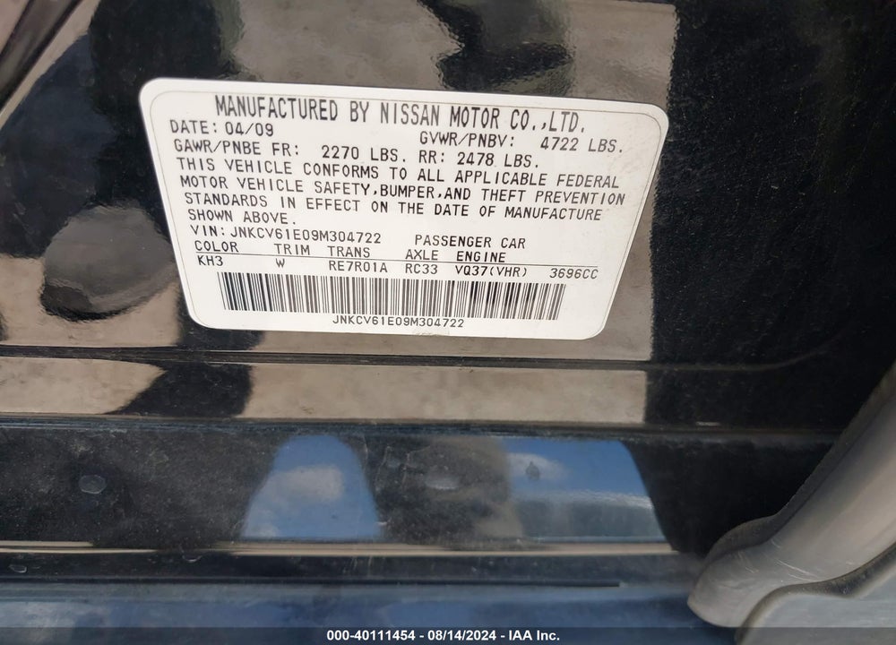 2009 INFINITI G37 VIN: JNKCV61E09M304722