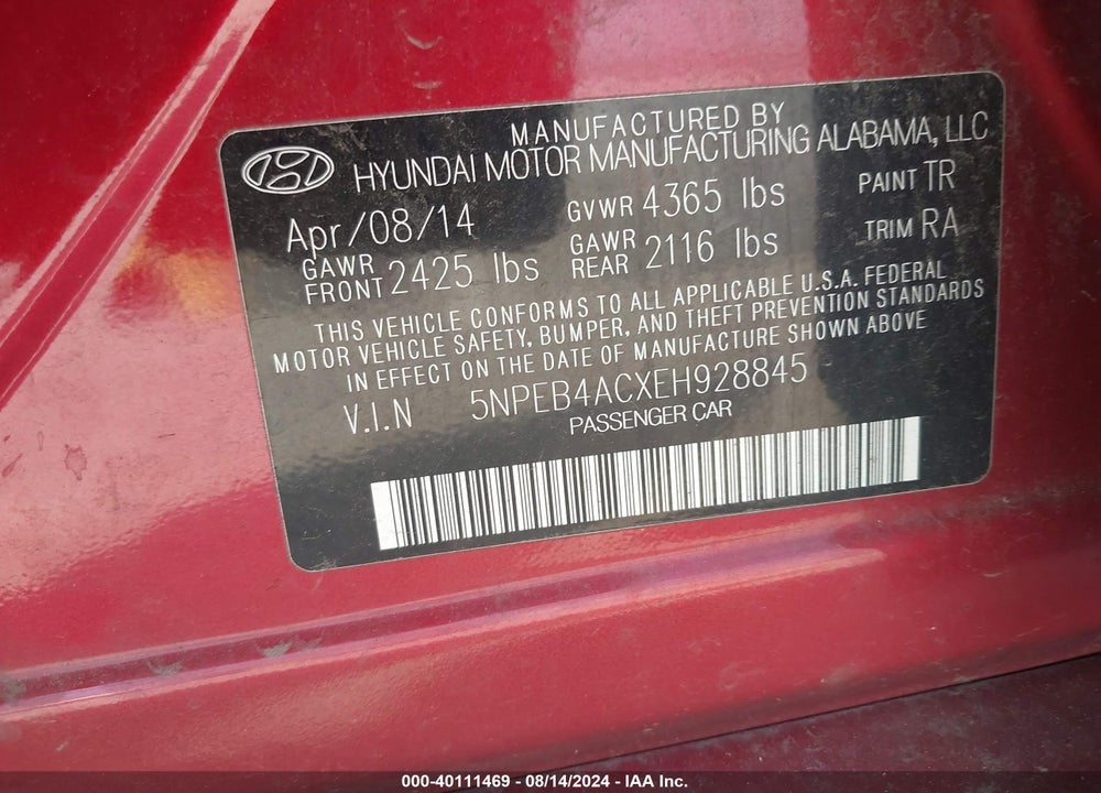 2014 HYUNDAI SONATA GLS VIN: 5NPEB4ACXEH928845