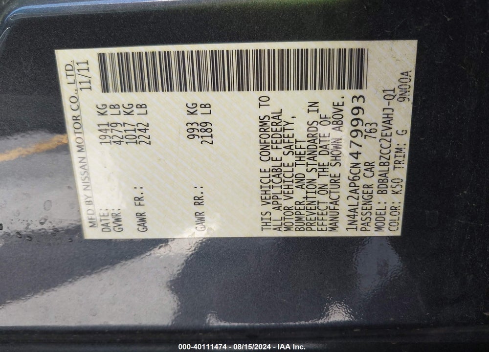 2012 NISSAN ALTIMA 2.5 S VIN: 1N4AL2AP6CN479993