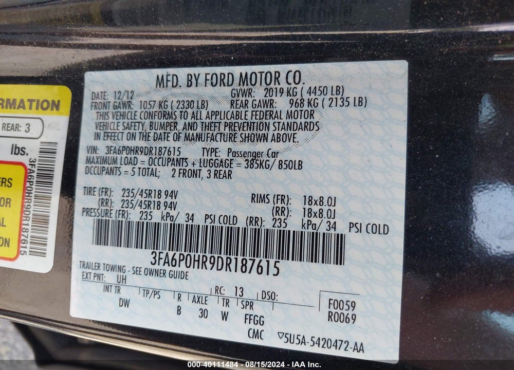 2013 FORD FUSION SE VIN: 3FA6P0HR9DR187615