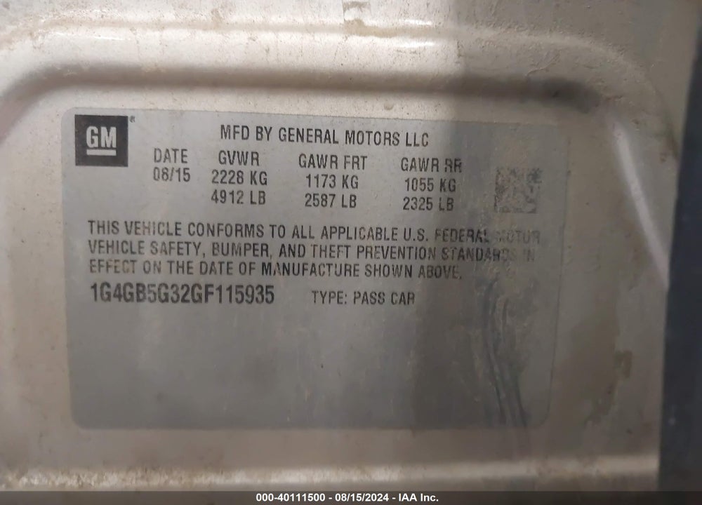 2016 BUICK LACROSSE LEATHER VIN: 1G4GB5G32GF115935