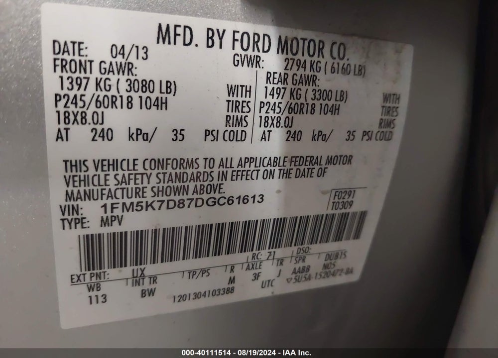2013 FORD EXPLORER XLT VIN: 1FM5K7D87DGC61613