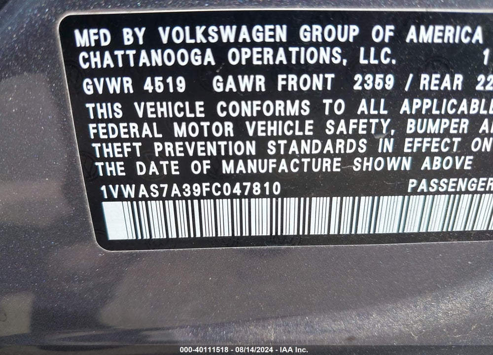 2015 VOLKSWAGEN PASSAT 1.8T WOLFSBURG EDITION VIN: 1VWAS7A39FC047810