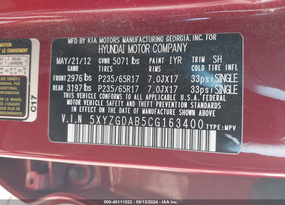 2012 HYUNDAI SANTA FE GLS VIN: 5XYZGDAB5CG163400