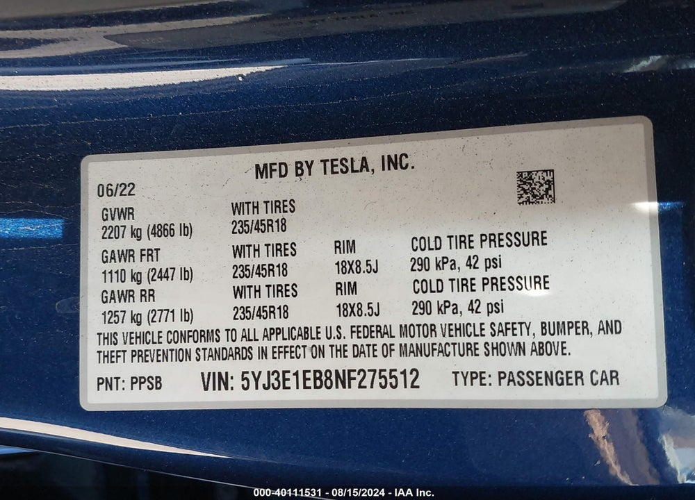 2022 TESLA MODEL 3 LONG RANGE DUAL MOTOR ALL-WHEEL DRIVE VIN: 5YJ3E1EB8NF275512