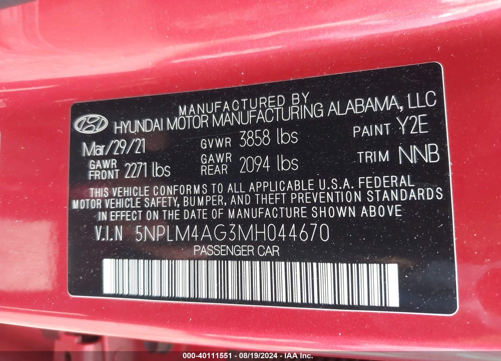 2021 HYUNDAI ELANTRA SEL VIN: 5NPLM4AG3MH044670