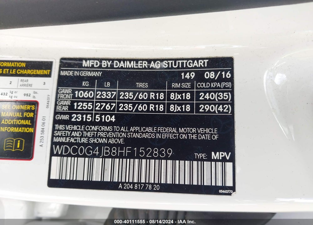 2017 MERCEDES-BENZ GLC 300 VIN: WDC0G4JB8HF152839