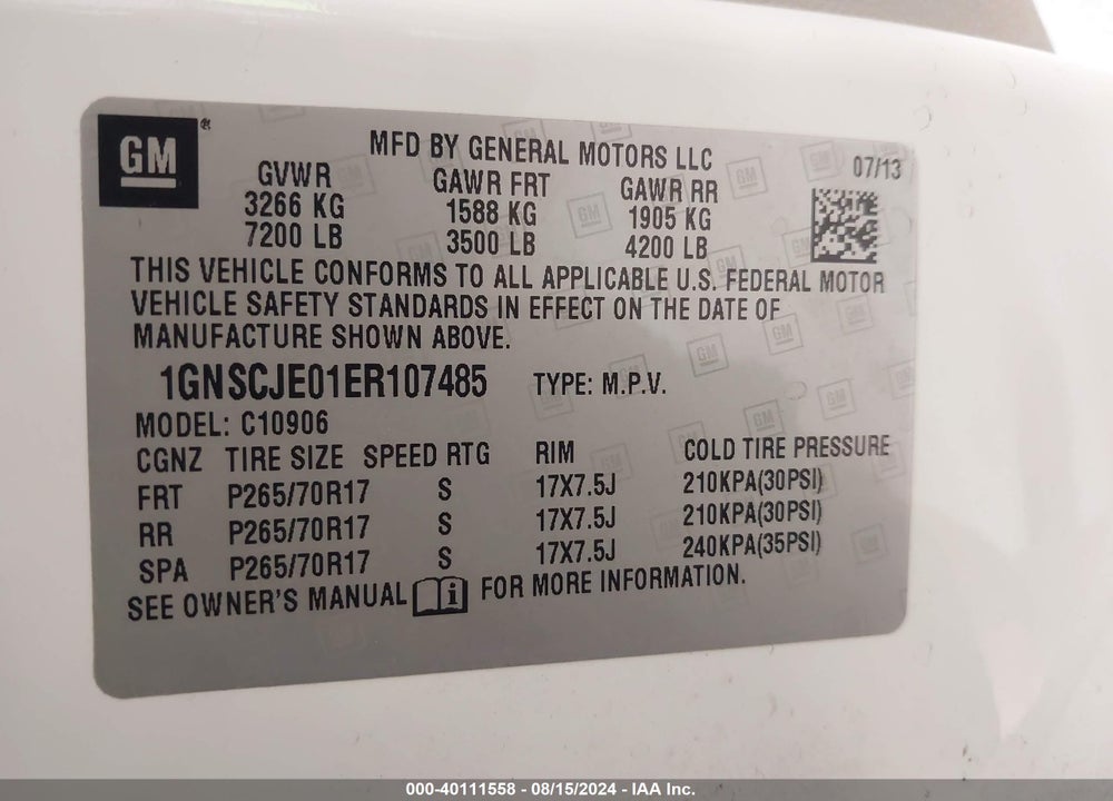 2014 CHEVROLET SUBURBAN 1500 LT VIN: 1GNSCJE01ER107485