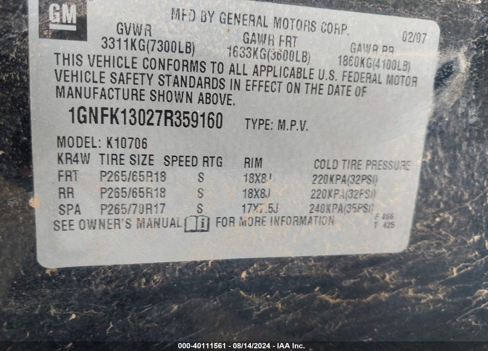 2007 CHEVROLET TAHOE LT VIN: 1GNFK13027R359160