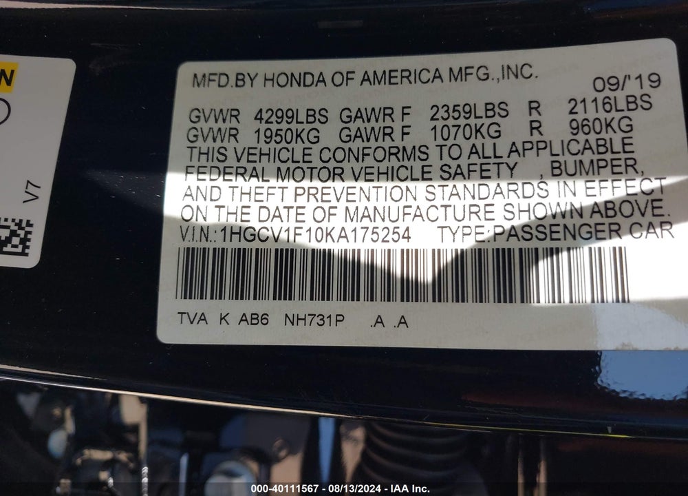 2019 HONDA ACCORD LX VIN: 1HGCV1F10KA175254