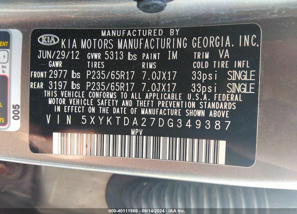 2013 KIA SORENTO LX V6 VIN: 5XYKTDA27DG349387