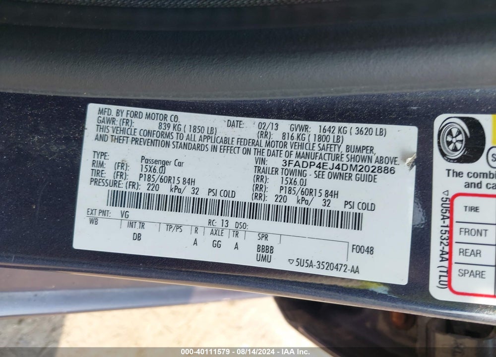 2013 FORD FIESTA SE VIN: 3FADP4EJ4DM202886