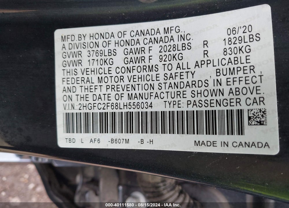 2020 HONDA CIVIC VIN: 2HGFC2F68LH556034