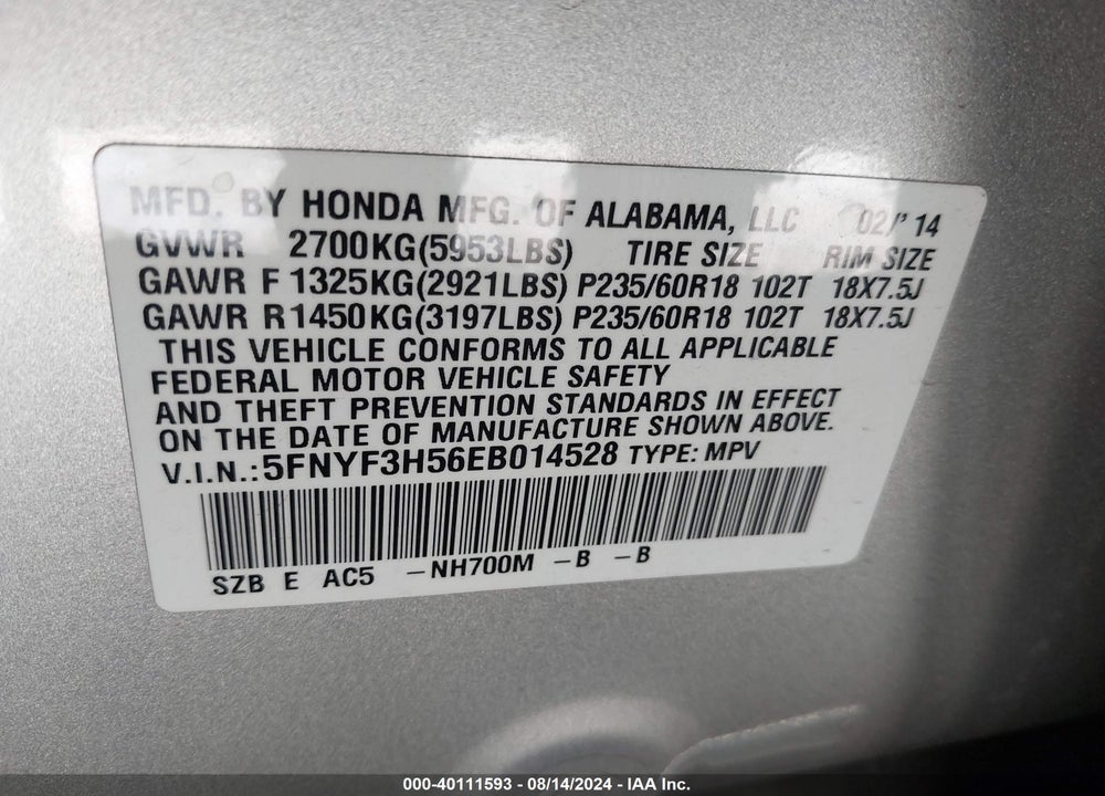 2014 HONDA PILOT EX-L VIN: 5FNYF3H56EB014528