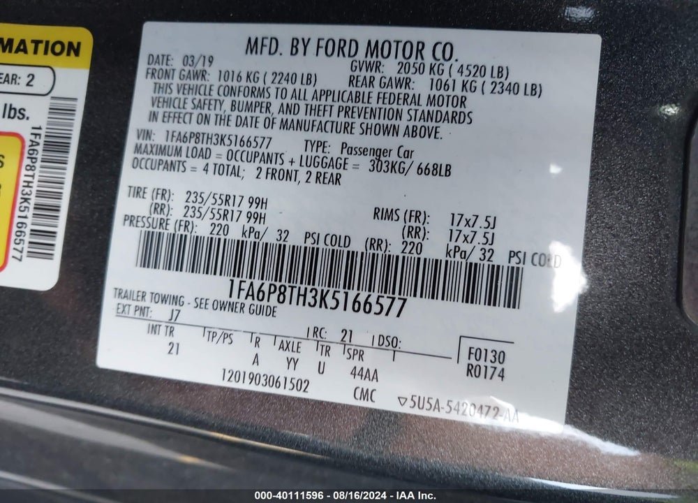 2019 FORD MUSTANG ECOBOOST VIN: 1FA6P8TH3K5166577