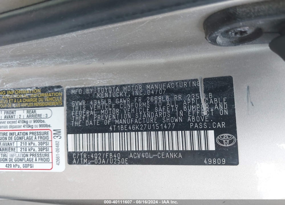 2007 TOYOTA CAMRY LE VIN: 4T1BE46K27U151477