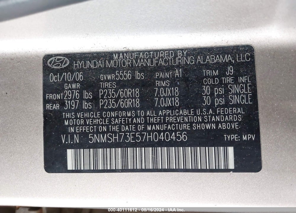 2007 HYUNDAI SANTA FE LIMITED/SE VIN: 5NMSH73E57H040456