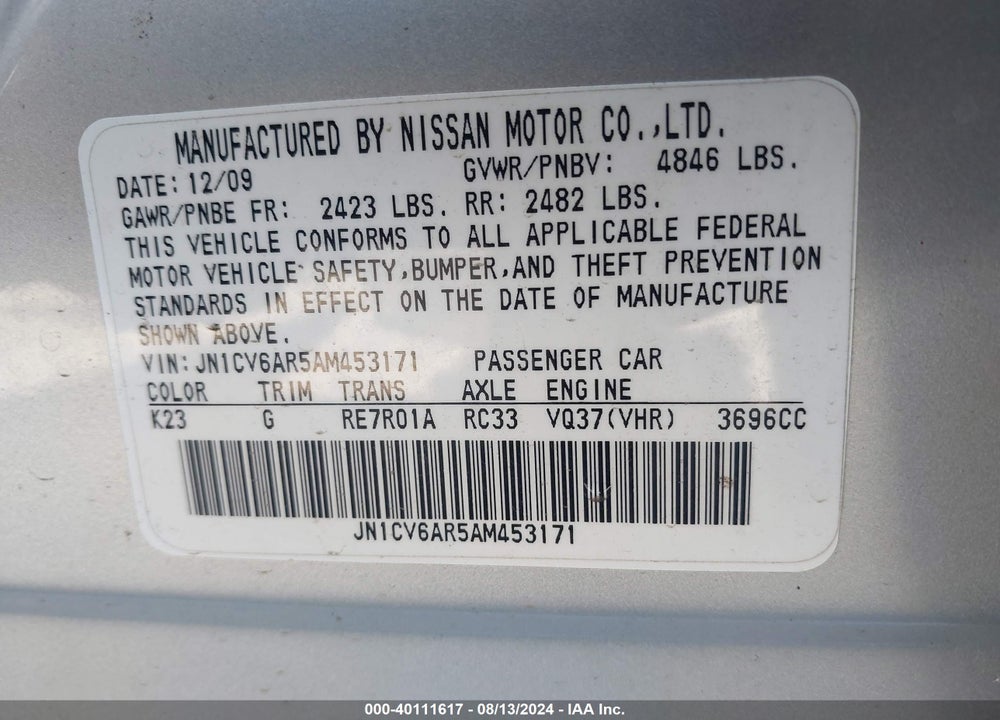 2010 INFINITI G37X VIN: JN1CV6AR5AM453171
