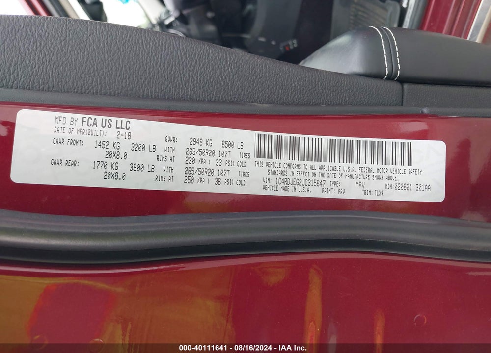 2018 DODGE DURANGO CITADEL AWD VIN: 1C4RDJEG2JC315647