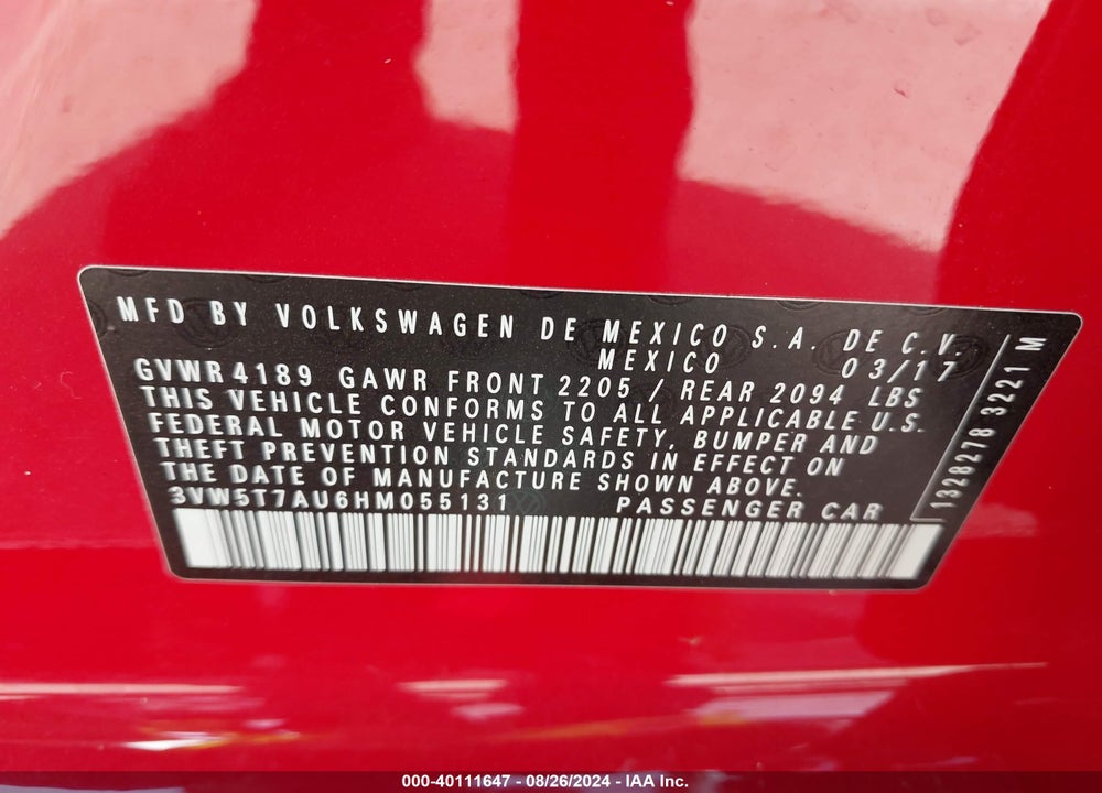 2017 VOLKSWAGEN GOLF GTI AUTOBAHN 4-DOOR/S 4-DOOR/SE 4-DOOR/SPORT 4-DOOR VIN: 3VW5T7AU6HM055131