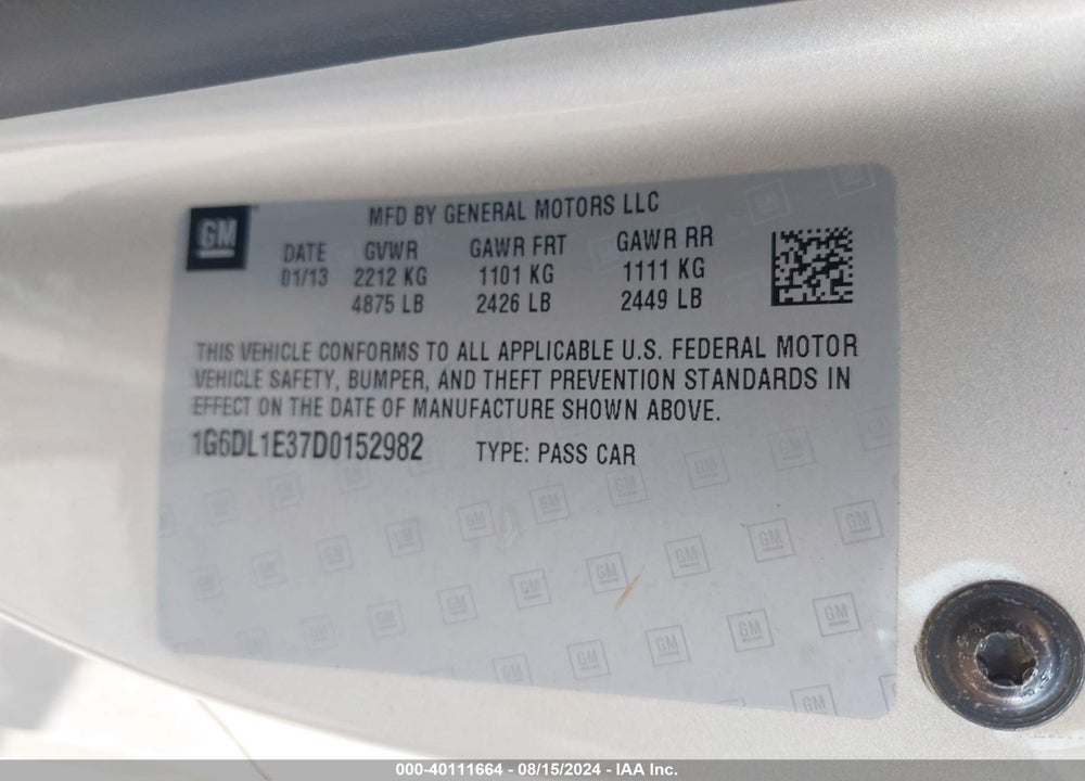 2013 CADILLAC CTS PERFORMANCE VIN: 1G6DL1E37D0152982