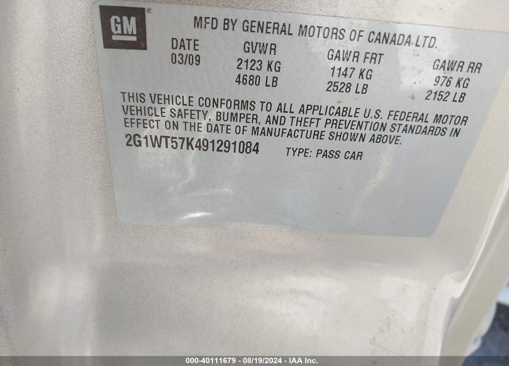 2009 CHEVROLET IMPALA LT VIN: 2G1WT57K491291084