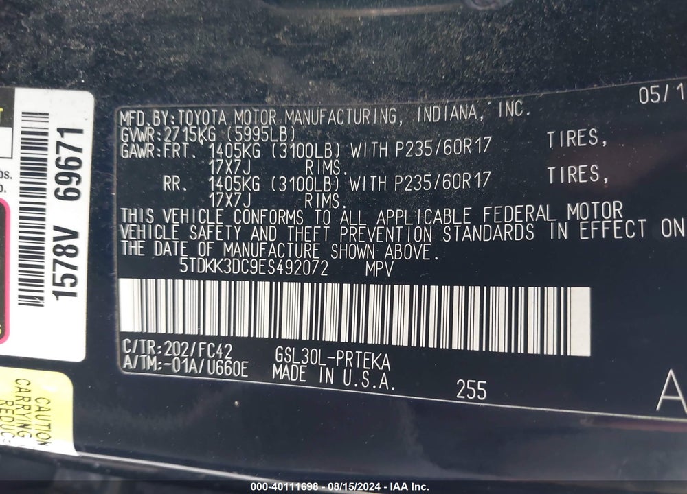 2014 TOYOTA SIENNA LE V6 8 PASSENGER VIN: 5TDKK3DC9ES492072