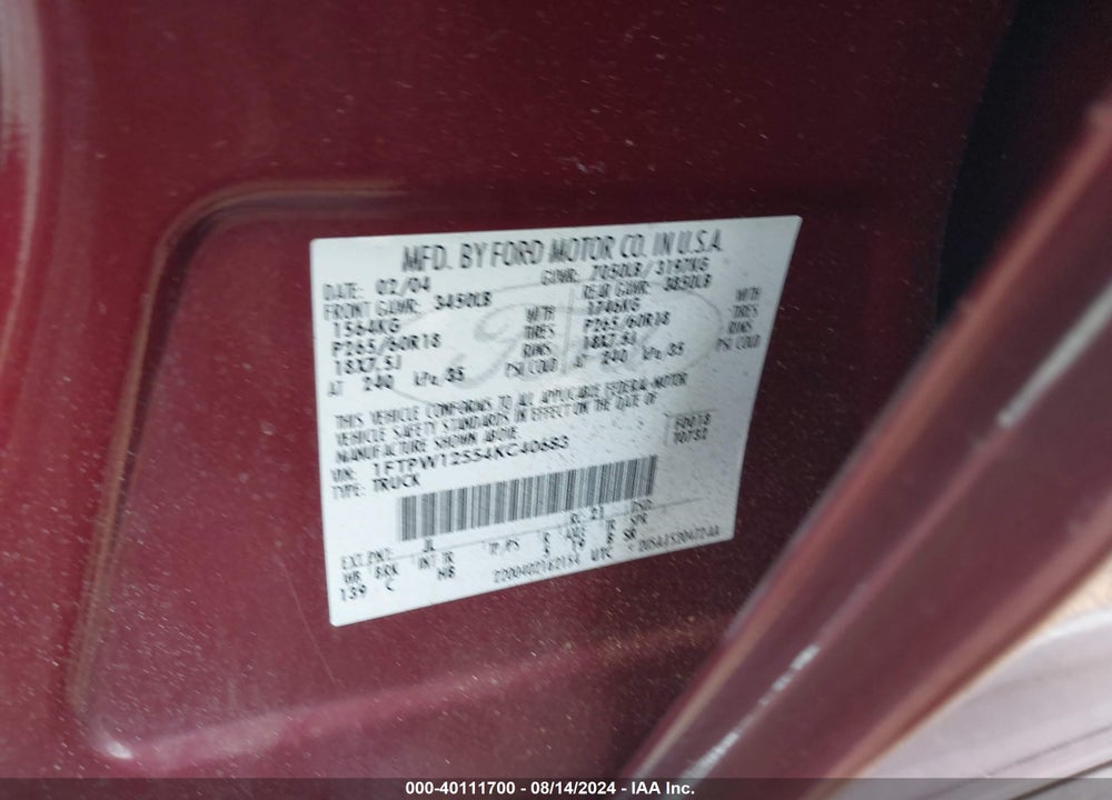 2004 FORD F-150 LARIAT/XLT VIN: 1FTPW12554KC40683
