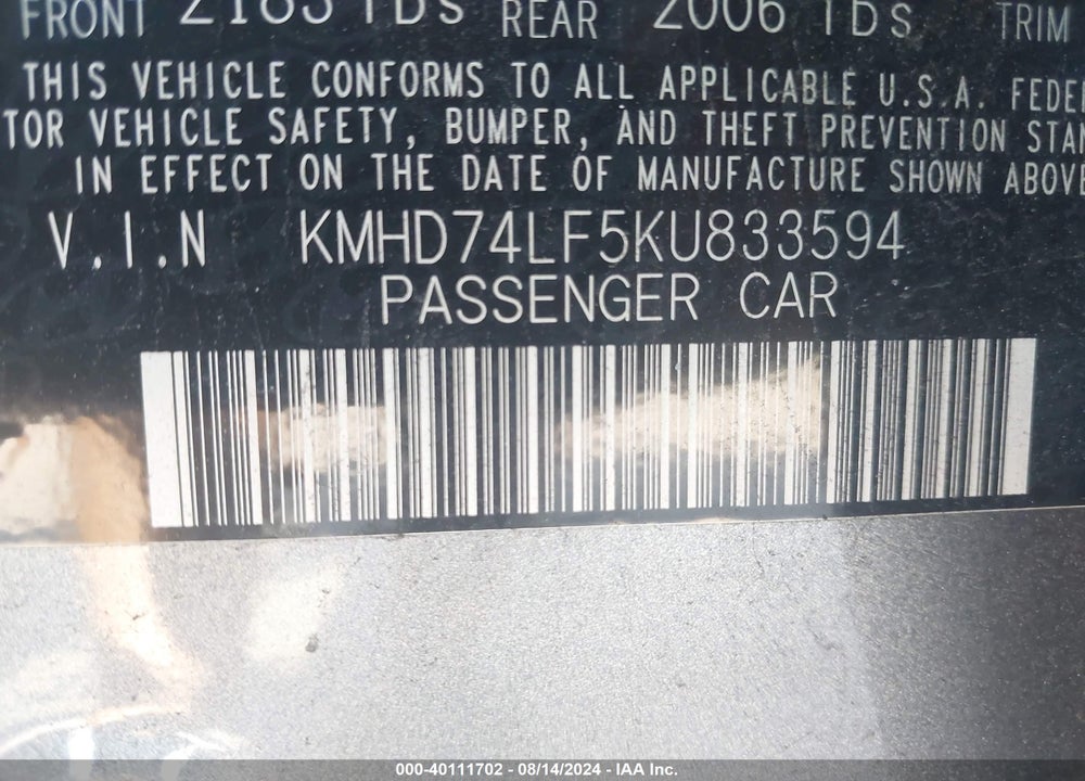 2019 HYUNDAI ELANTRA VIN: KMHD74LF5KU833594