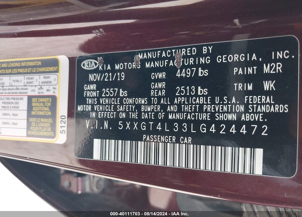 2020 KIA OPTIMA VIN: 5XXGT4L33LG424472