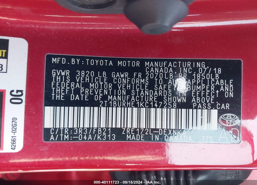 2019 TOYOTA COROLLA LE VIN: 2T1BURHE1KC147258