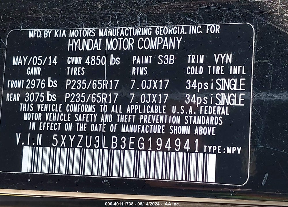 2014 HYUNDAI SANTA FE SPORT 2.4L VIN: 5XYZU3LB3EG194941